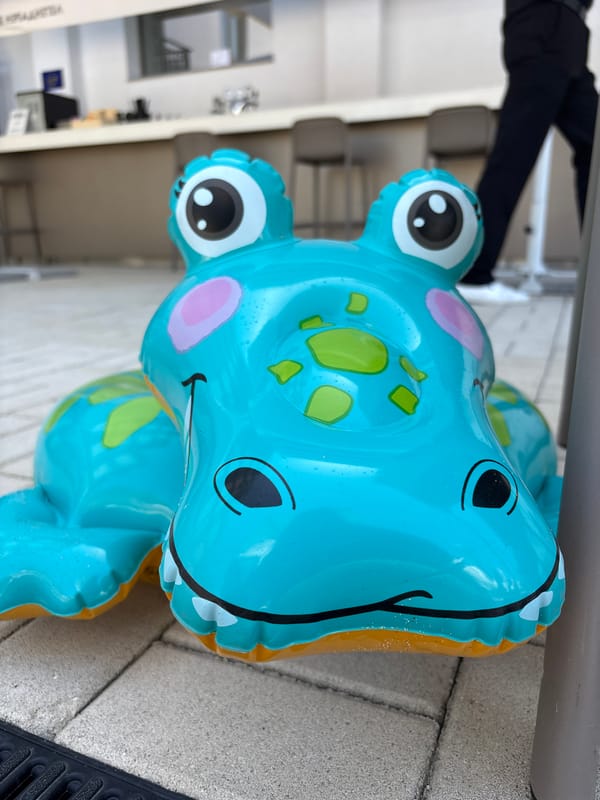 Inflatable alligator toy on pavement in Nesebar