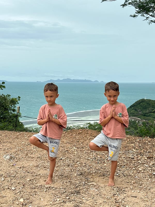 Yoga poses and coastal views on a cloudy Ko Samui morning
