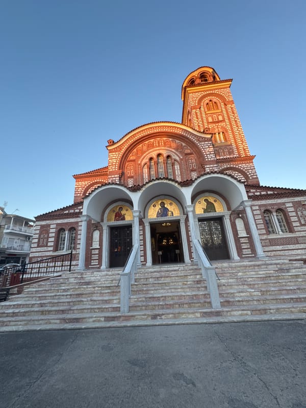 Church and beach scenes in Nea Kallikratia, Greece