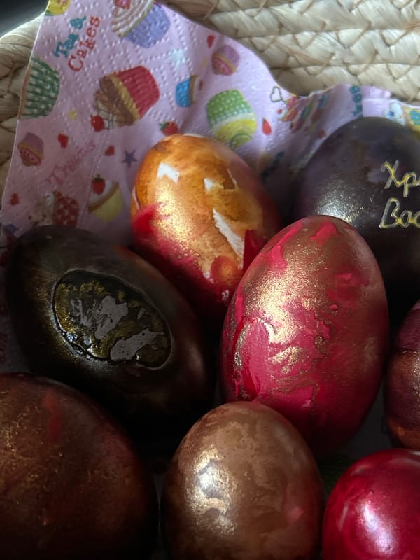 Easter celebrations with decorated eggs and dog in Krumovo