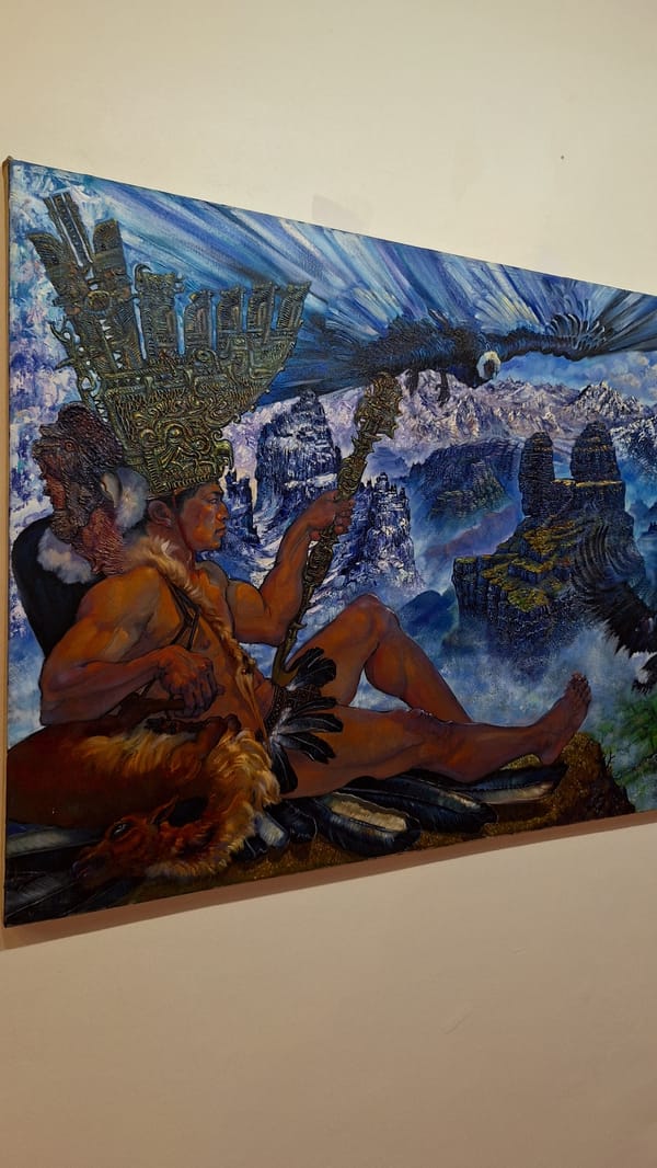 Fantastical and ceremonial artwork viewed in Cusco galleries