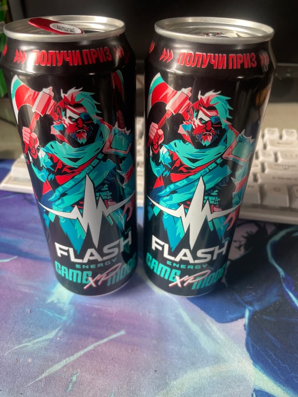 Gaming gear and energy drinks, with a street scene mixed in
