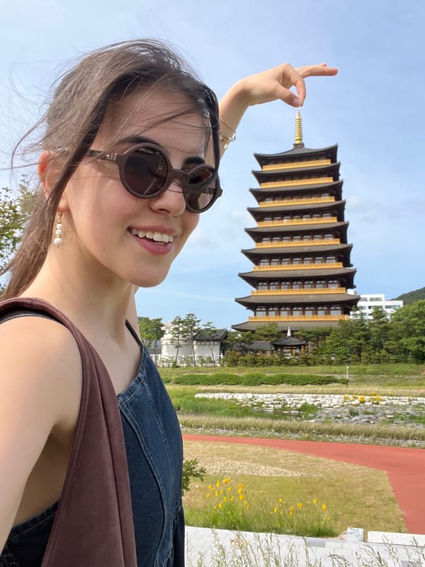 Tourist poses with historic pagoda in Gyeongju morning selfie