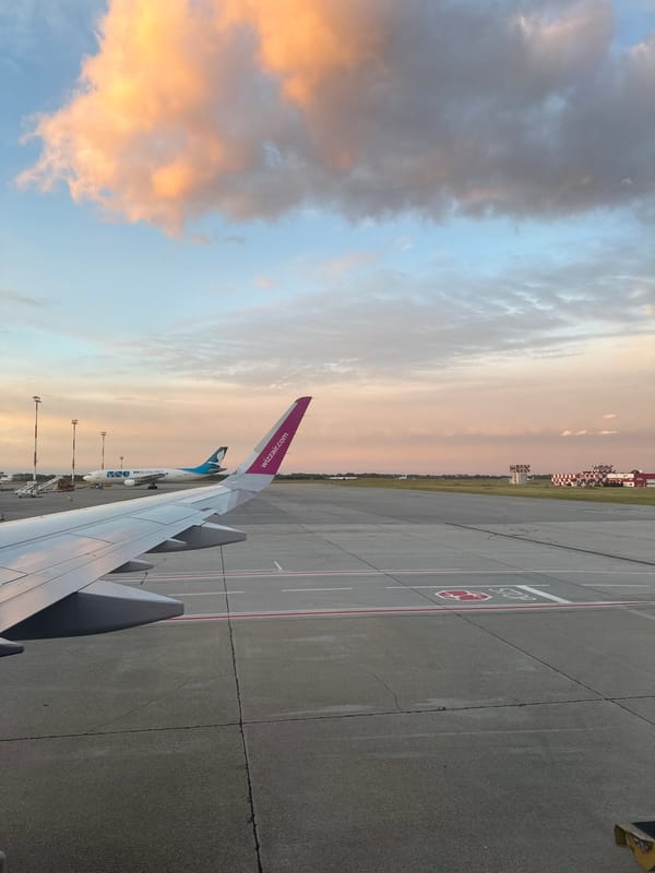 Wizzair flight arrives at Bratislava Airport during evening hours