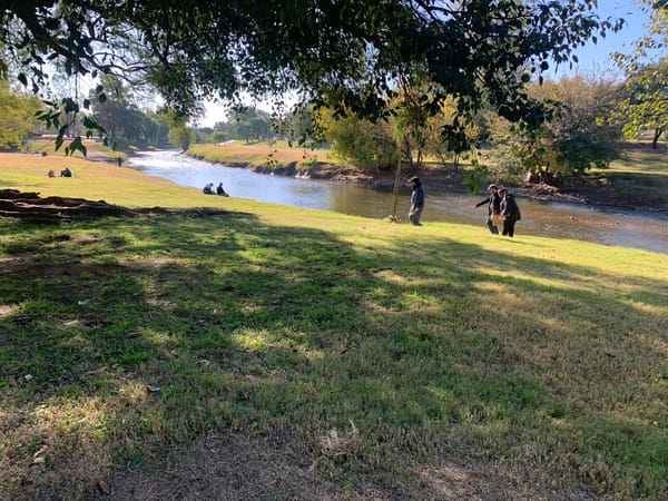 People gather along waterway in Cordoba park setting