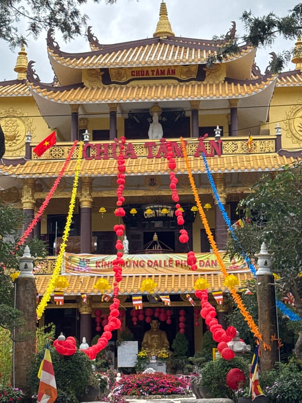 Buddhist temple in Da Lat adorned with festive decorations