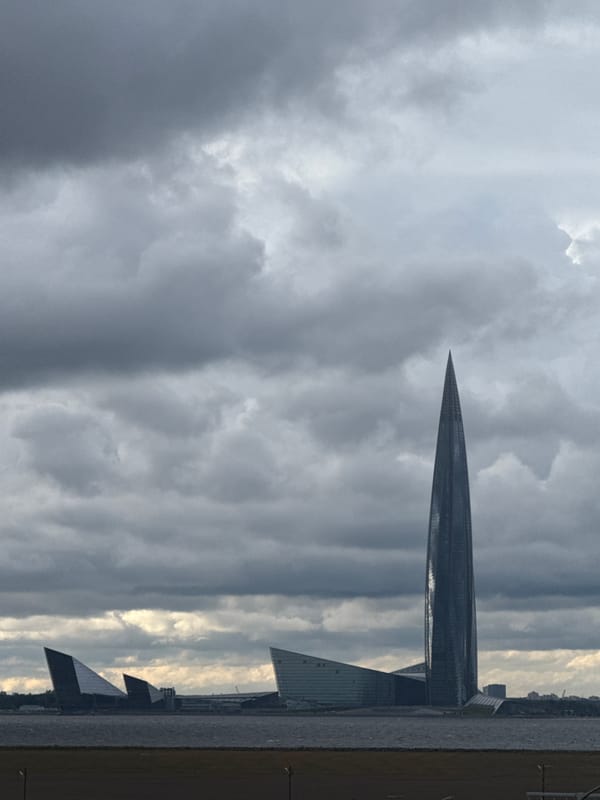 Lakhta Center and Gulf of Finland under a stormy Saint Petersburg sky