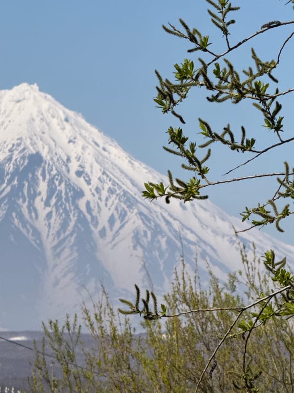 Spring morning views captured of Kamchatka volcanoes over Petropavlovsk