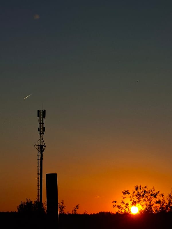 Sunset silhouettes a telecom tower over Karsha, Russia