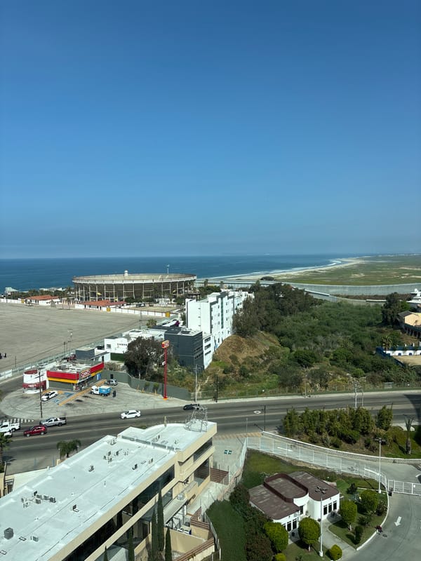 Aerial views of Tijuana coastline documented from elevated position