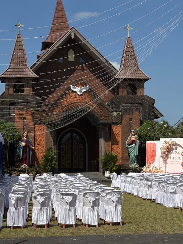 Outdoor ceremony setup at North Kuta church, Indonesia