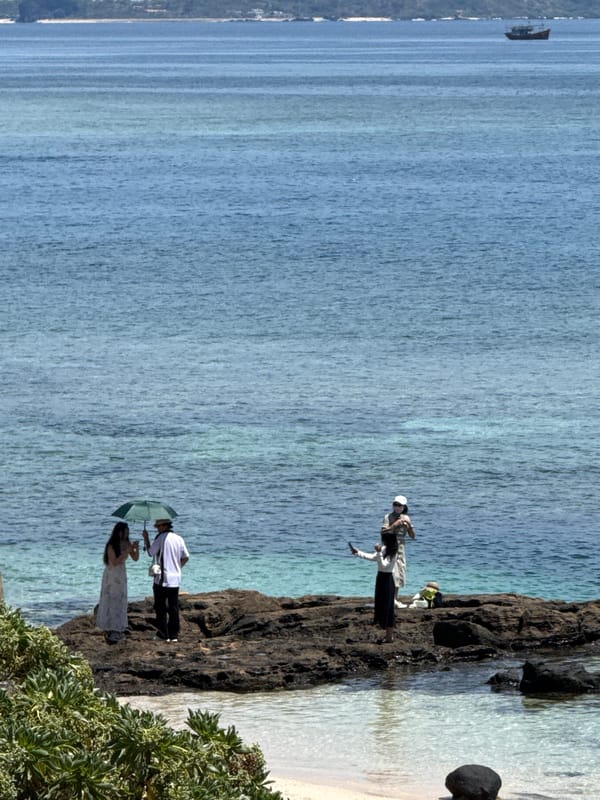 Lý Sơn Island: coastal shrine and seascape on a clear morning