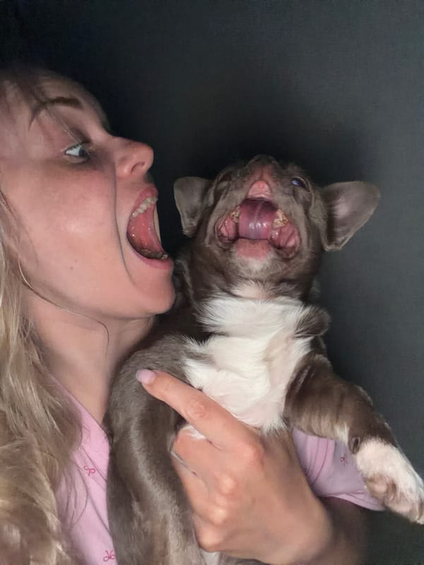 Woman photographed with puppy in Votkinsk, Russia