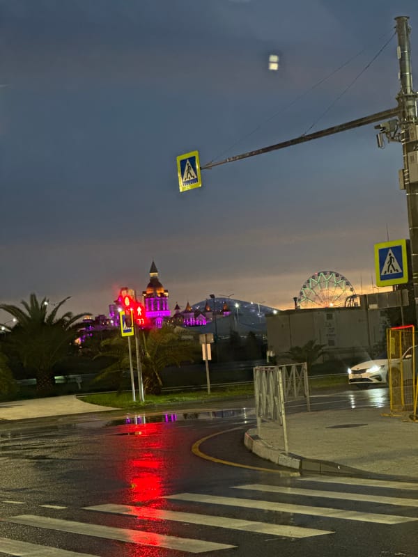 Wet street scene captured at night in Sirius, Russia