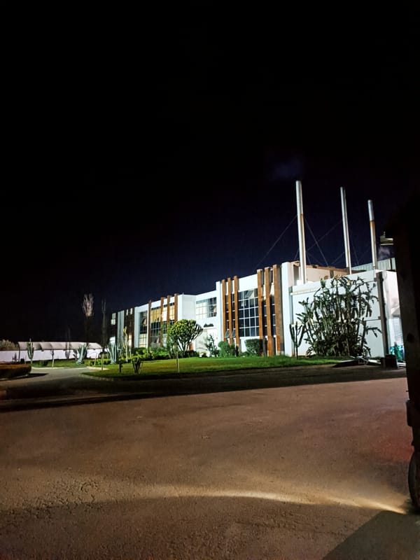 Modern building photographed at night in Majjate, Morocco