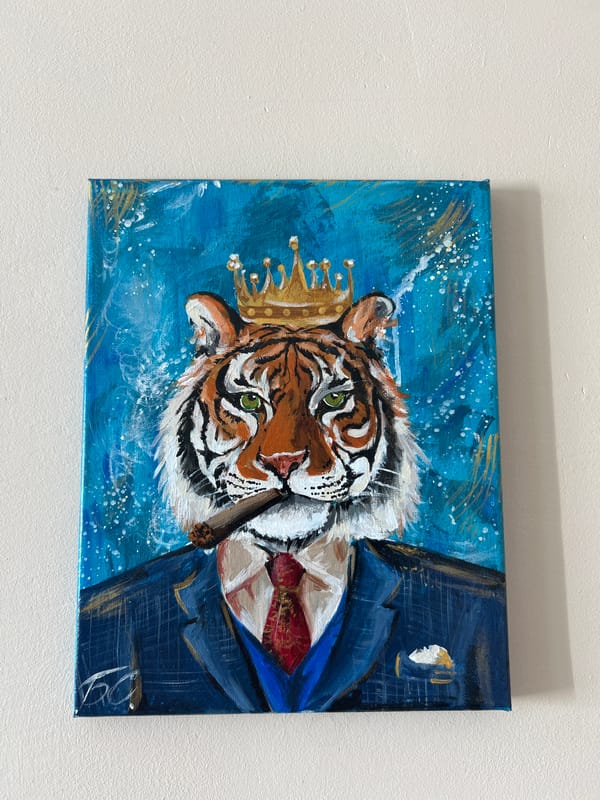 Acrylic painting shows crowned tiger in business suit spotted