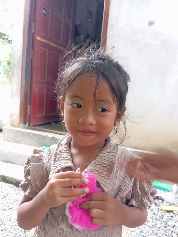 Children play with cat in Indonesian village yard