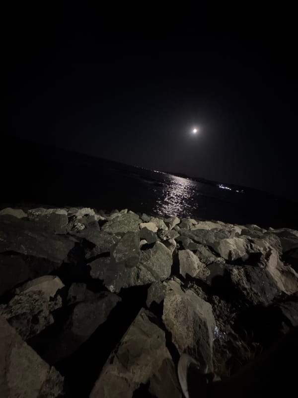 Moonlit Black Sea shoreline at night, Primorsko