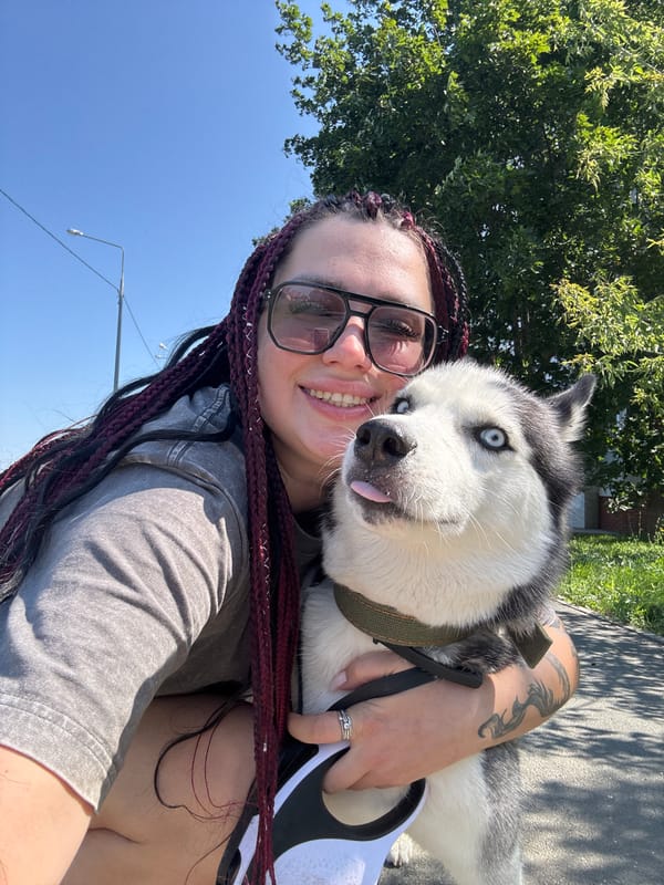 Sunny morning walk with a husky in Tolyatti