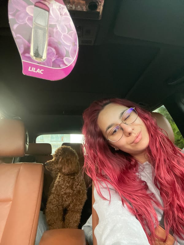 Woman and poodle captured in vehicle interior in Pleven