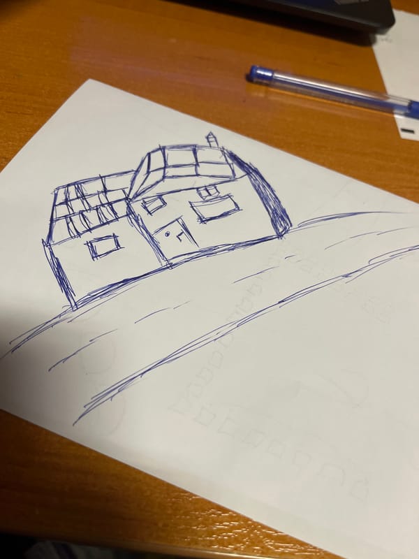 Blue ink house sketch on paper, Smolyan