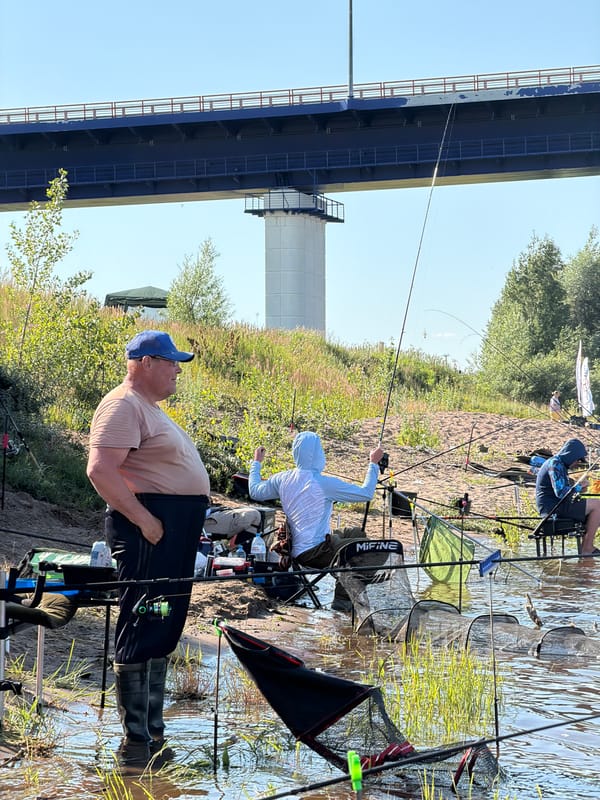 Recreational fishing on a Russian riverbank beneath a highway bridge
