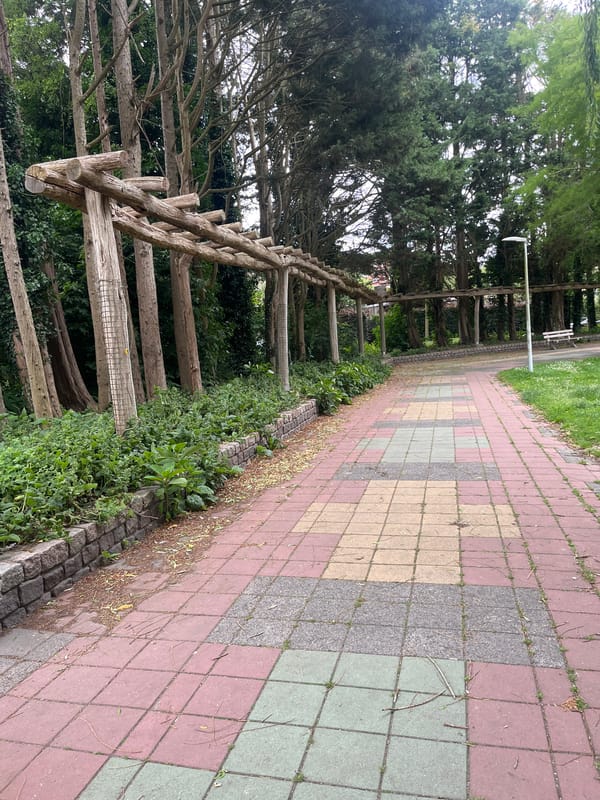 Park walkway with fountains and pergola structures