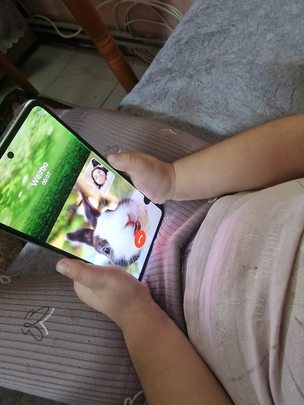 Child conducts smartphone video call from padded seat