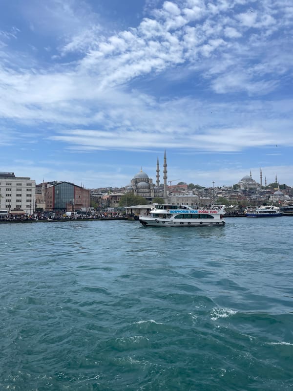 Ferry passengers view Istanbul skyline from Bosphorus tour boat