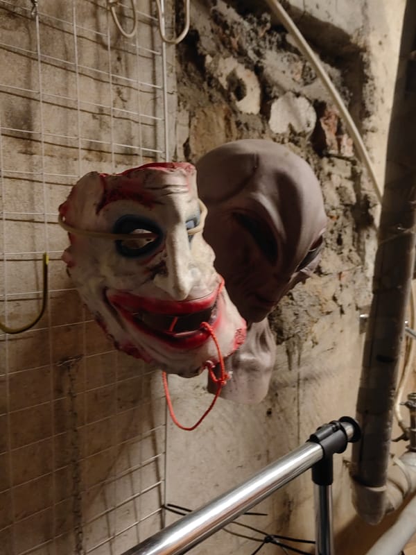 Cluttered storage space with masks documented in Mytishchi