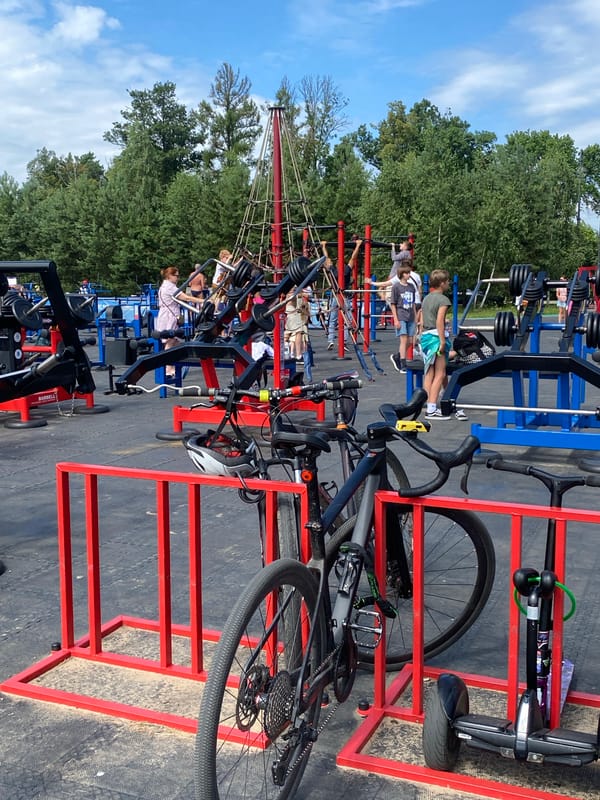 Krestovsky Island beach and outdoor gym on a summer day