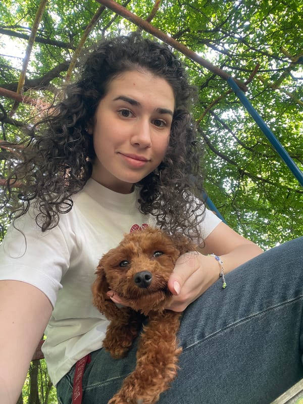 Woman enjoys afternoon park outing with small dog in Sofia