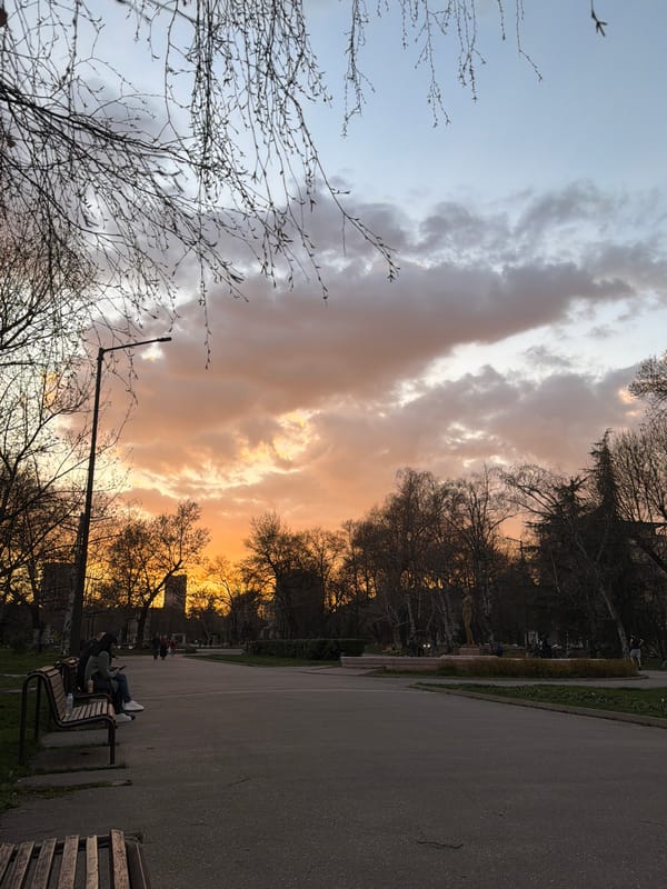 Dramatic sunset captured over city park with cloudy skies