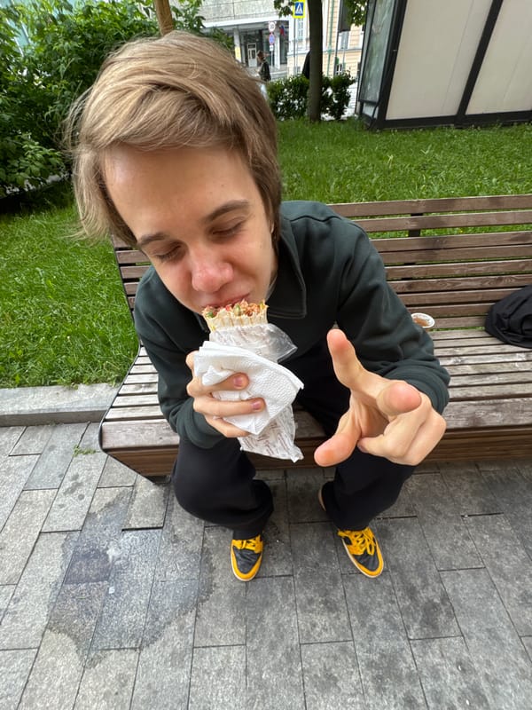 Person enjoys shawarma lunch on Moscow park bench