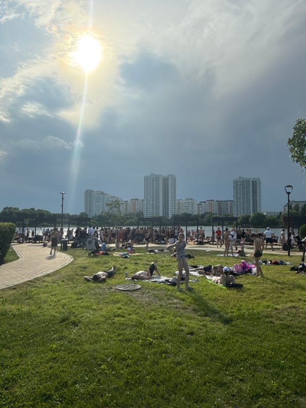 Sunny afternoon at a lakeside park, people out and active