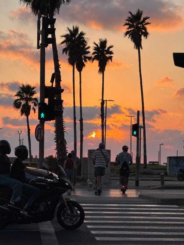Tel Aviv at golden hour — beaches, streets, and sunset skies