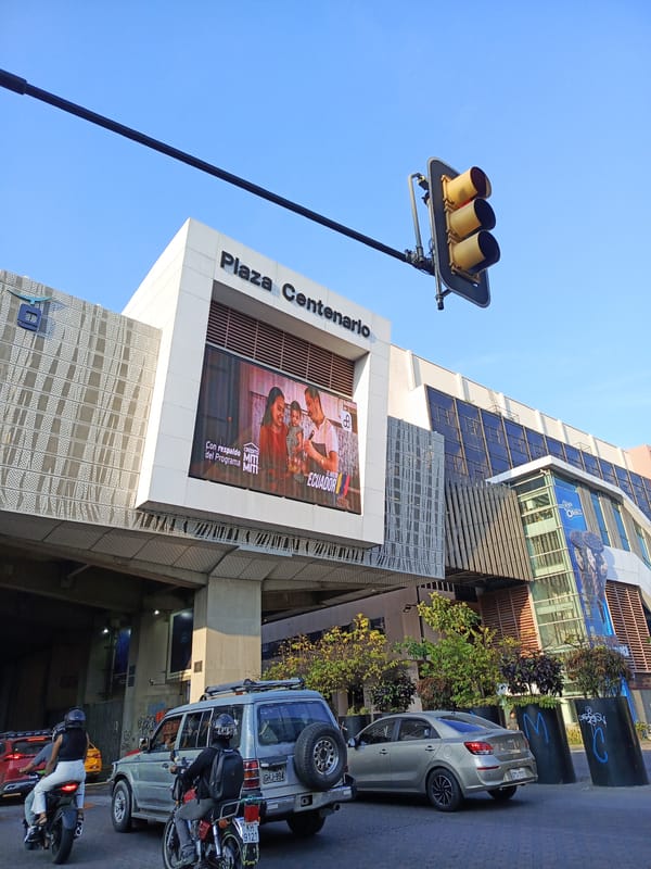 Normal traffic flows through Plaza Centenario intersection in Guayaquil