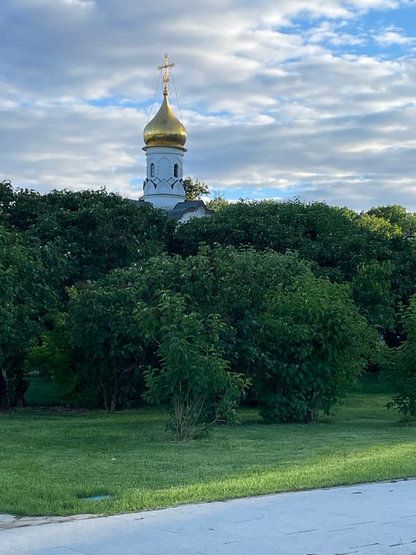 Moscow park in summer: church domes, blooms, and unripe apples