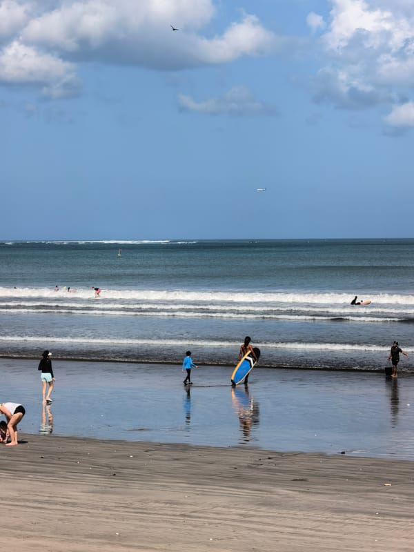 Kuta beach and Uniqlo retail browsing on a July morning