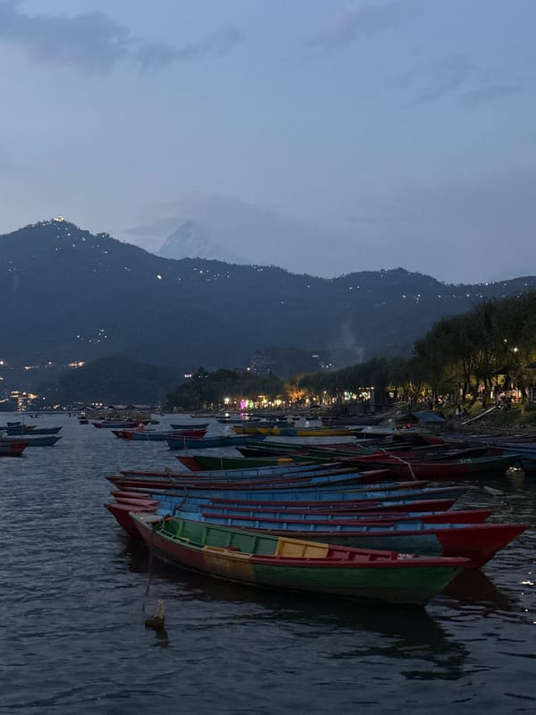 Dusk scenes captured at Phewa Lake, Pokhara with colorful boats