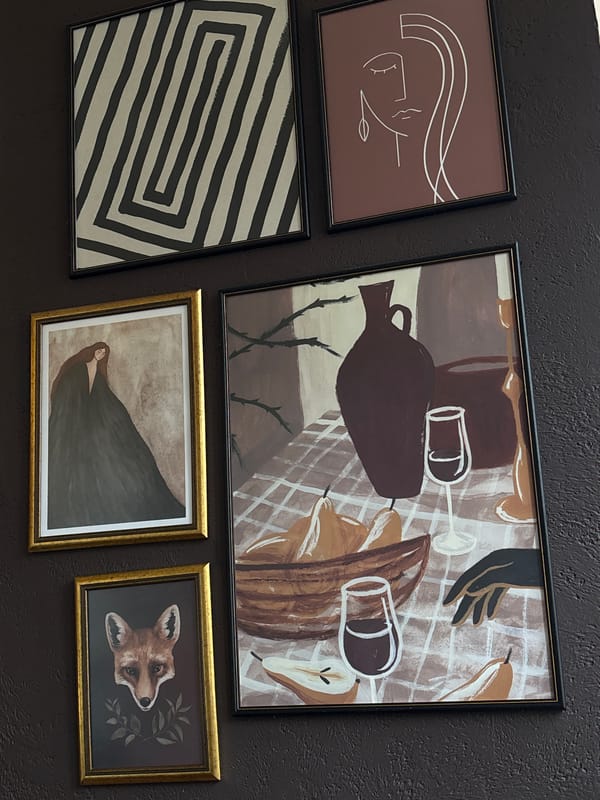 Art gallery or cafe displays mixed artwork collection in Karlovo