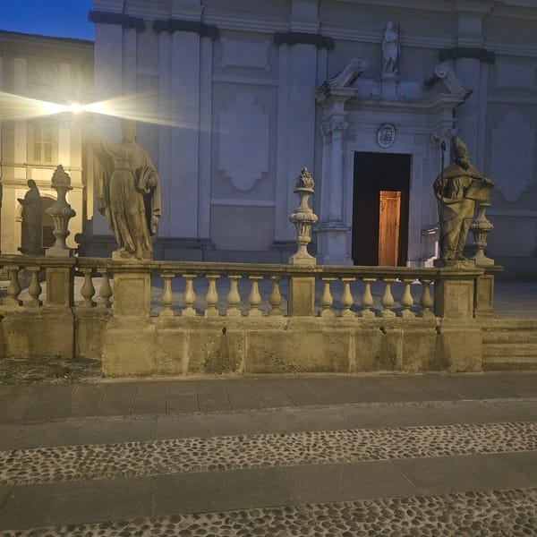 Evening documentation of historic basilica and plaza in Stezzano