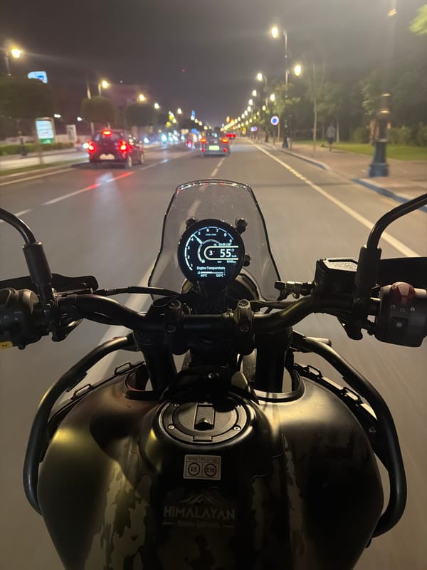 Nighttime motorcycle journey documented in Ouahat Sidi Brahim, Morocco