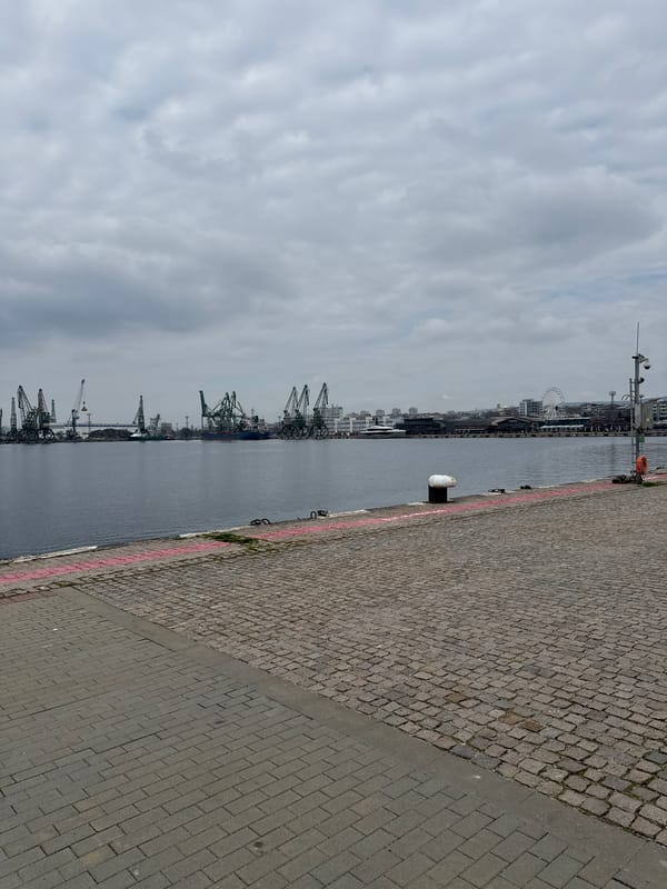 Harbor waterfront scene documented in Varna, Bulgaria