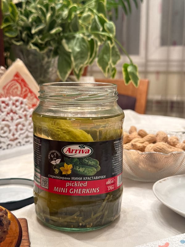 Pickled gherkins jar spotted on dinner table in Sofia