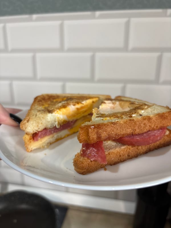 Egg and salami sandwich photographed in Saint Petersburg kitchen