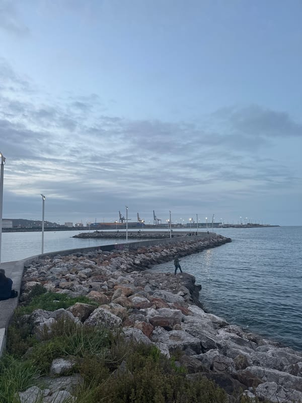 Twilight observed over Gijón industrial port coastline