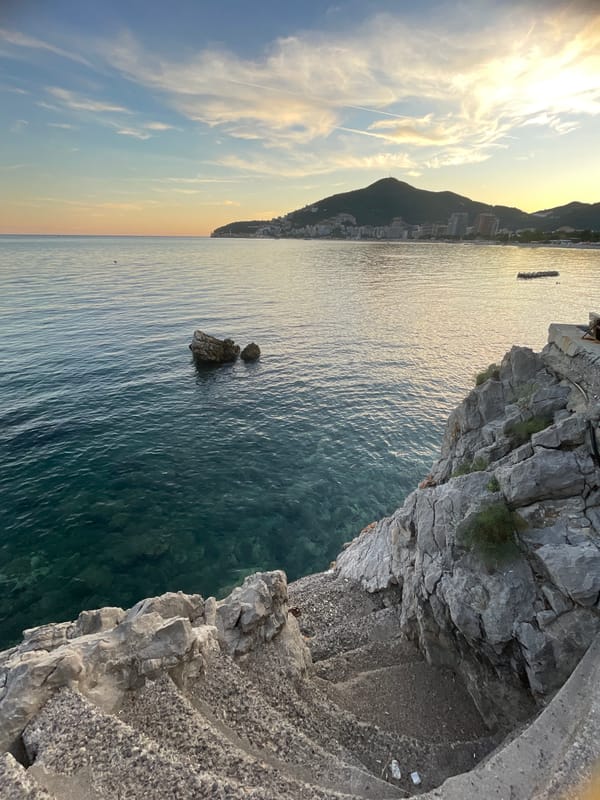 Evening coastal resort scenes in Budva, Montenegro