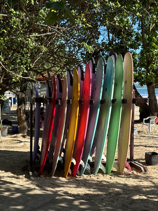 Clear morning conditions documented at Kuta beach surfboard area