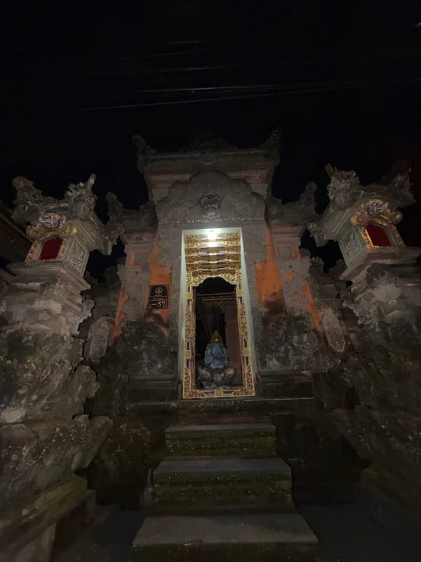 Balinese temple gateway documented at night in Ubud